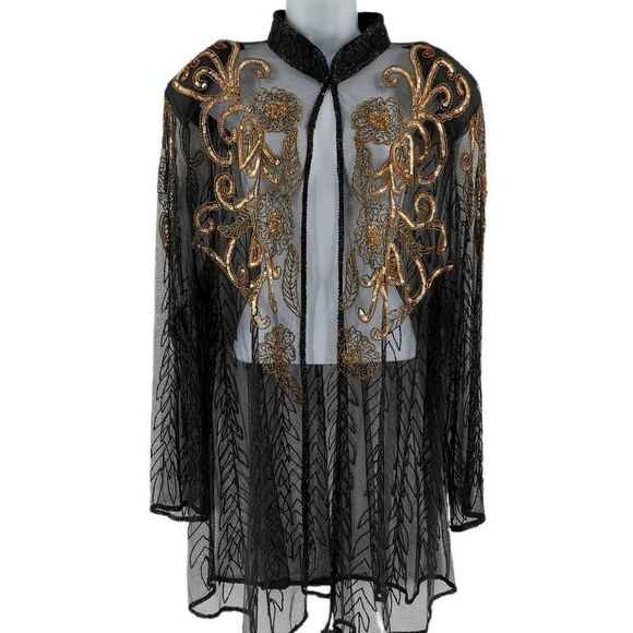 Sheer Black Mesh Duster with Black & Gold Beaded Floral Design | JAISJUMO | Tag - Picture 1 of 4